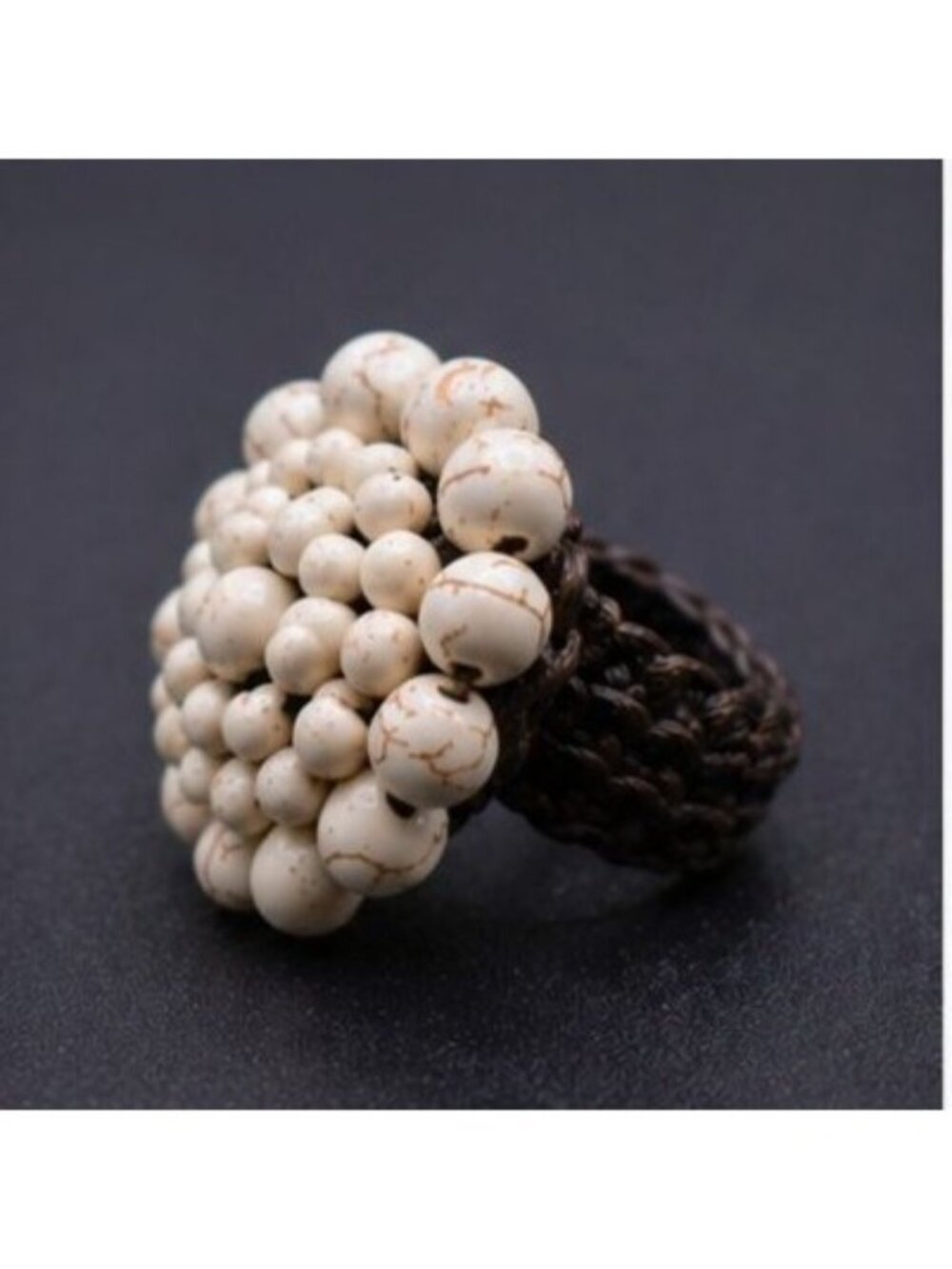 Handmade Woven‎ Band Ring With White Beaded Flower Design Adjustable Size